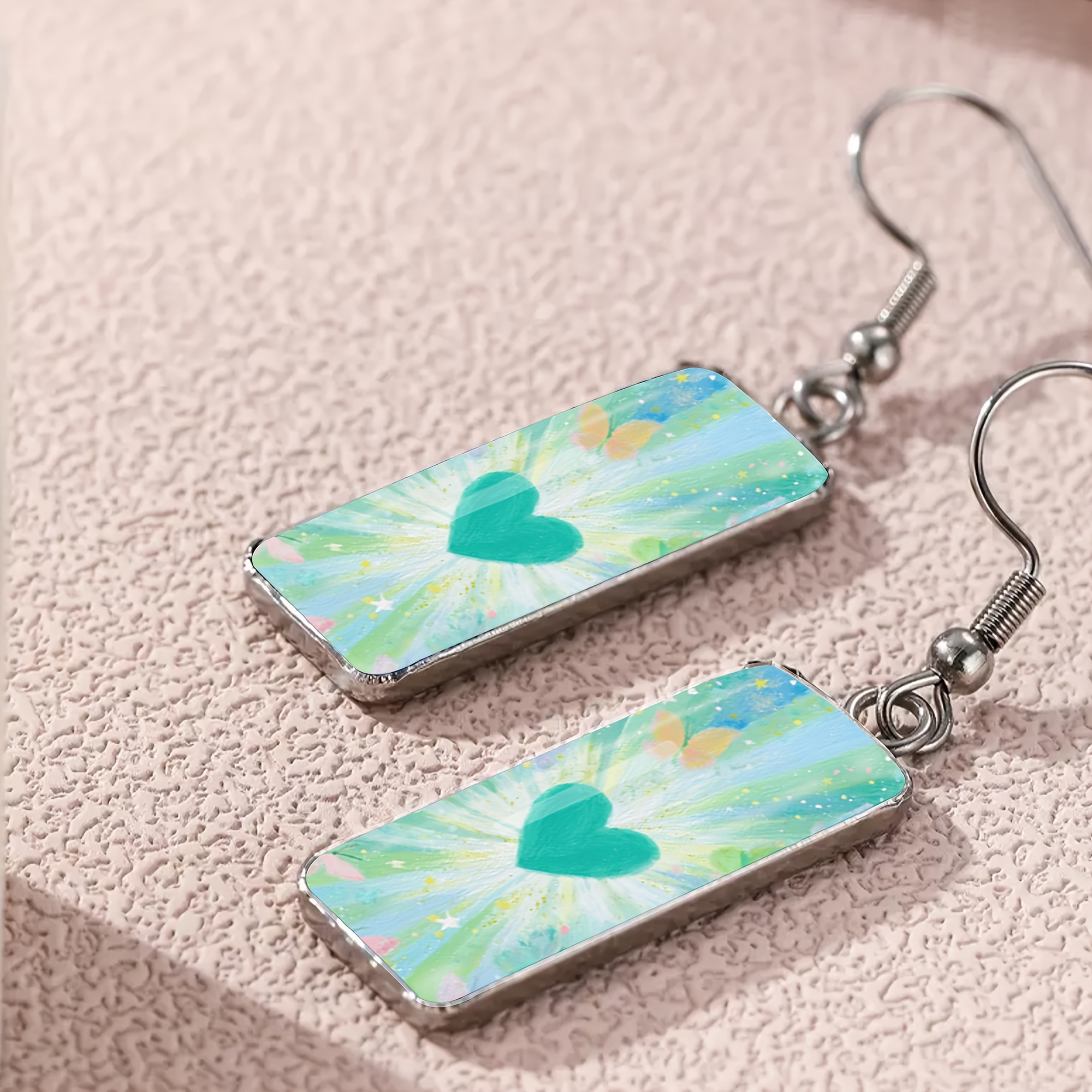Gradient Radial Heart Pattern Stainless Steel Long Bar Earrings